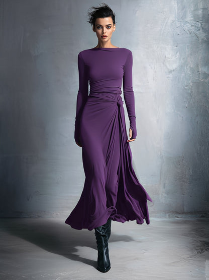 Women's Long-Sleeve Knotted Wrap Maxi Dress in Purple - additional view 11 | Hensley London