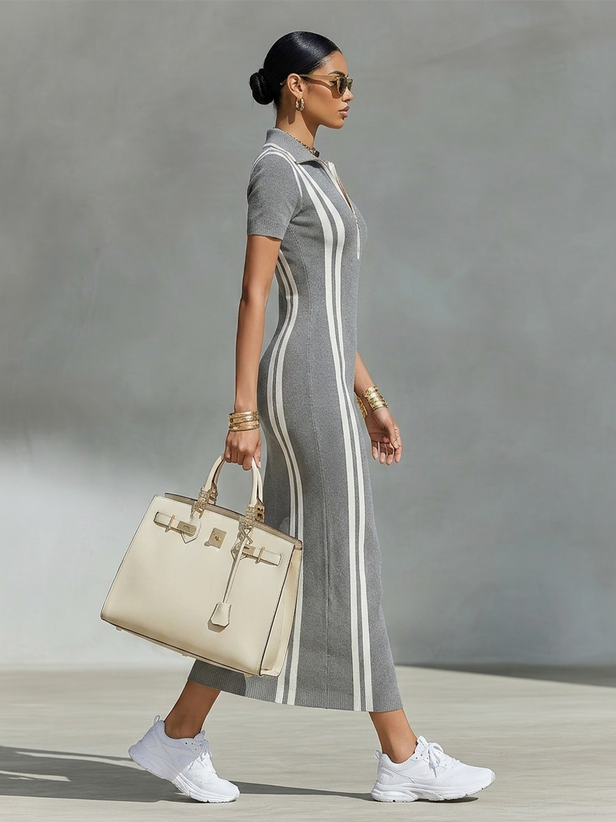 Women's Rib Knit Zip-Collar Dress with Side Stripes in Grey - additional view 8 | Hensley London