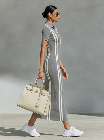 Women's Rib Knit Zip-Collar Dress with Side Stripes in Grey - additional view 8 | Hensley London