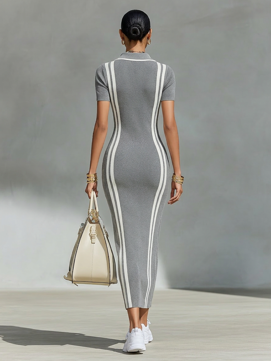 Women's Rib Knit Zip-Collar Dress with Side Stripes in Grey - additional view 9 | Hensley London