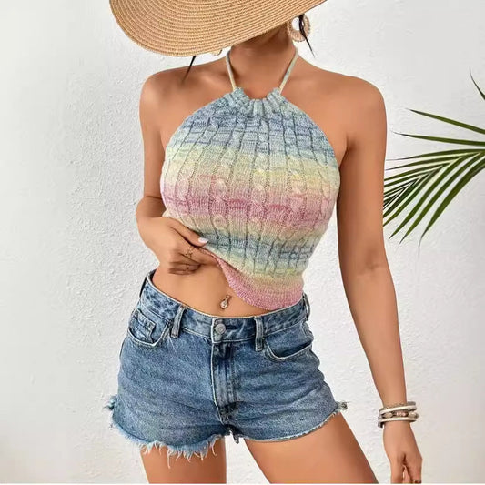 Womens Halter Crop Top Beige Slim Fit Knit Cable Pattern 1