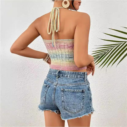 Womens Halter Crop Top Beige Slim Fit Knit Cable Pattern 2