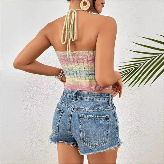 Womens Halter Crop Top Beige Slim Fit Knit Cable Pattern 2