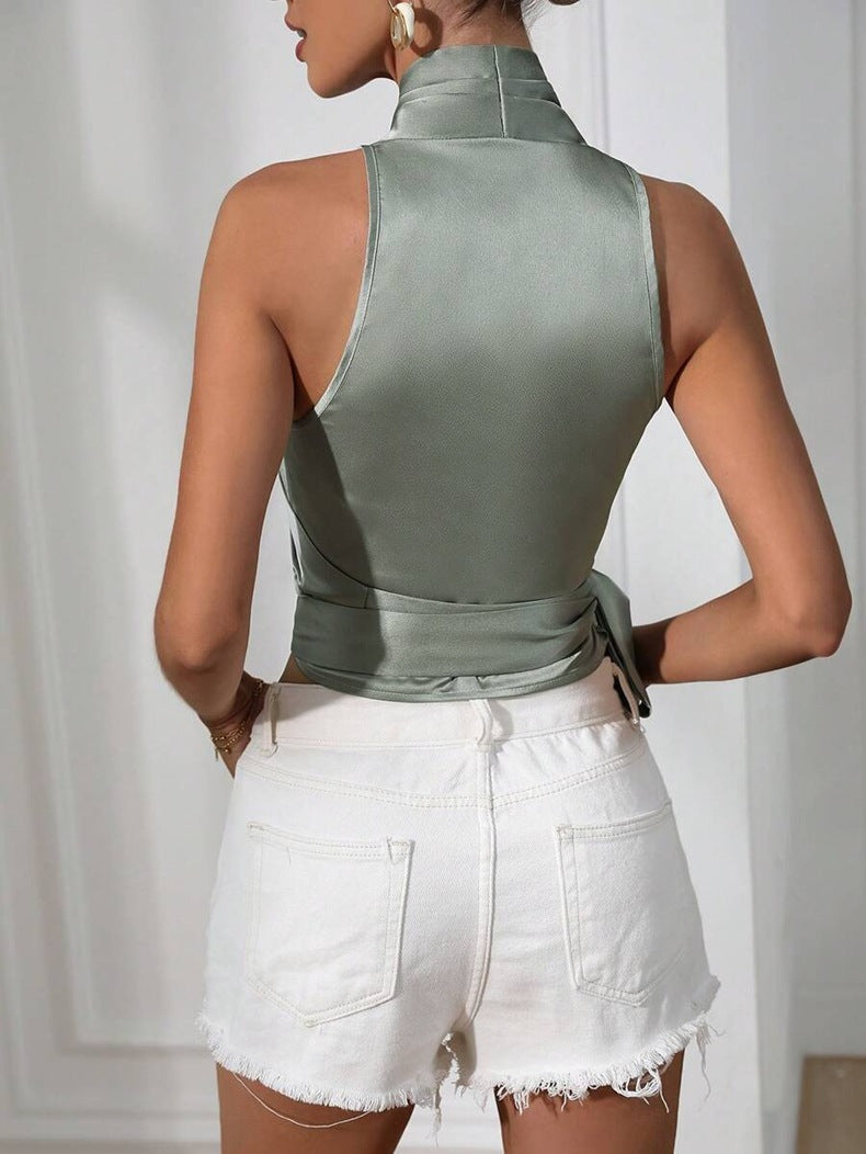 Women's Halter Neck Wrap Top with Tie Waist – Elegant Sleeveless Silky Blouse 2