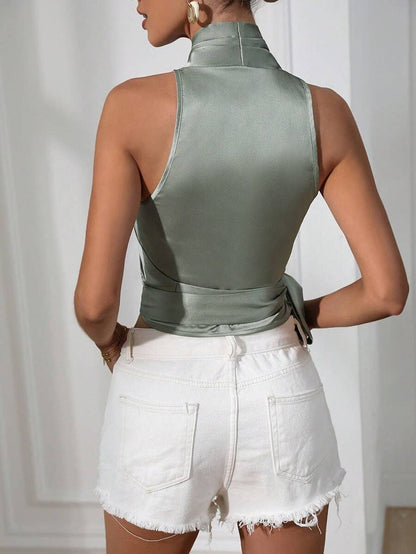 Women's Halter Neck Wrap Top with Tie Waist – Elegant Sleeveless Silky Blouse 2