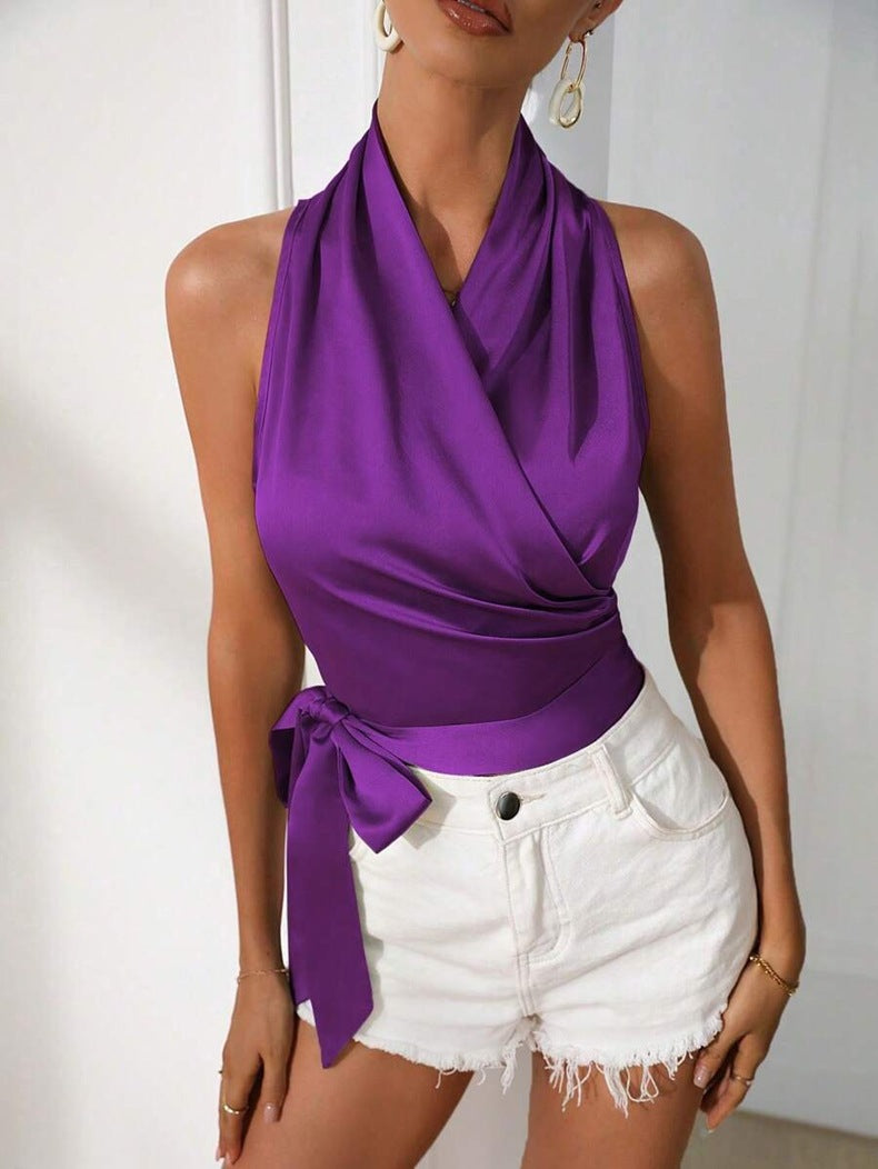 Women's Halter Neck Wrap Top with Tie Waist – Elegant Sleeveless Silky Blouse 3