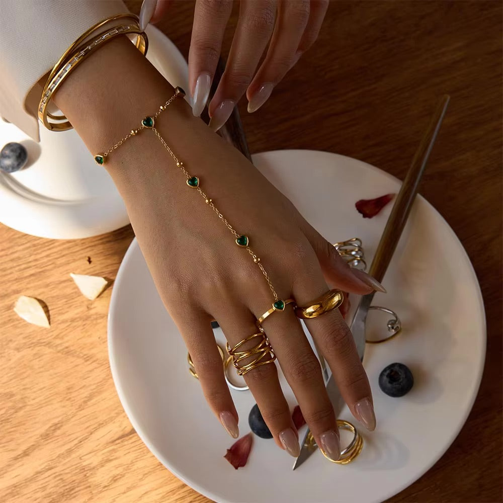 Women's Hand Chain Emerald Stainless Steel-Plated 18k Gold 2