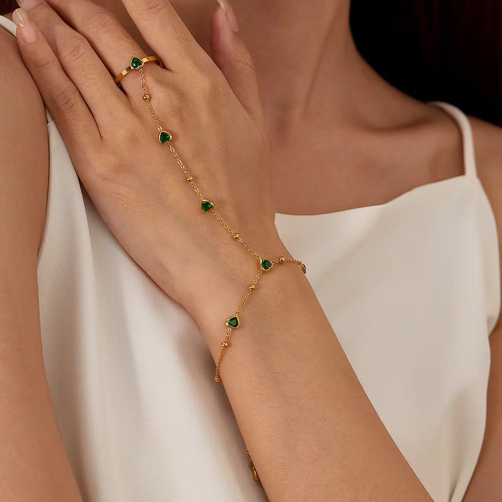 Women's Hand Chain Emerald Stainless Steel-Plated 18k Gold 6