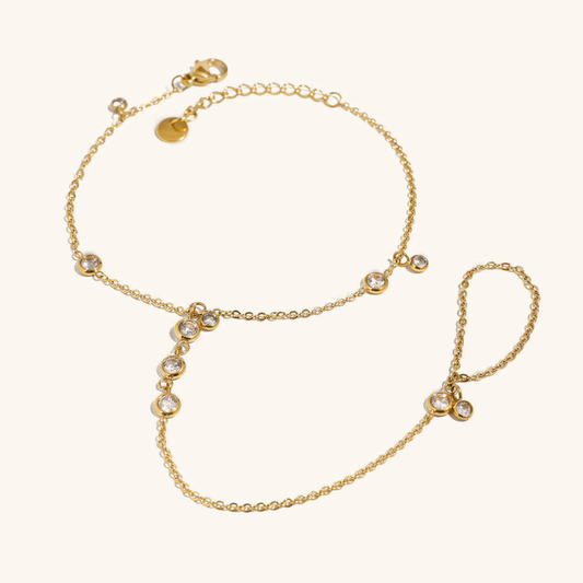 Women's Hand Chain Gold Stainless Steel with Diamond Accents 0