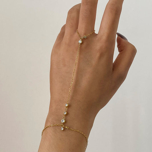 Women's Hand Chain Gold Stainless Steel with Diamond Accents 1