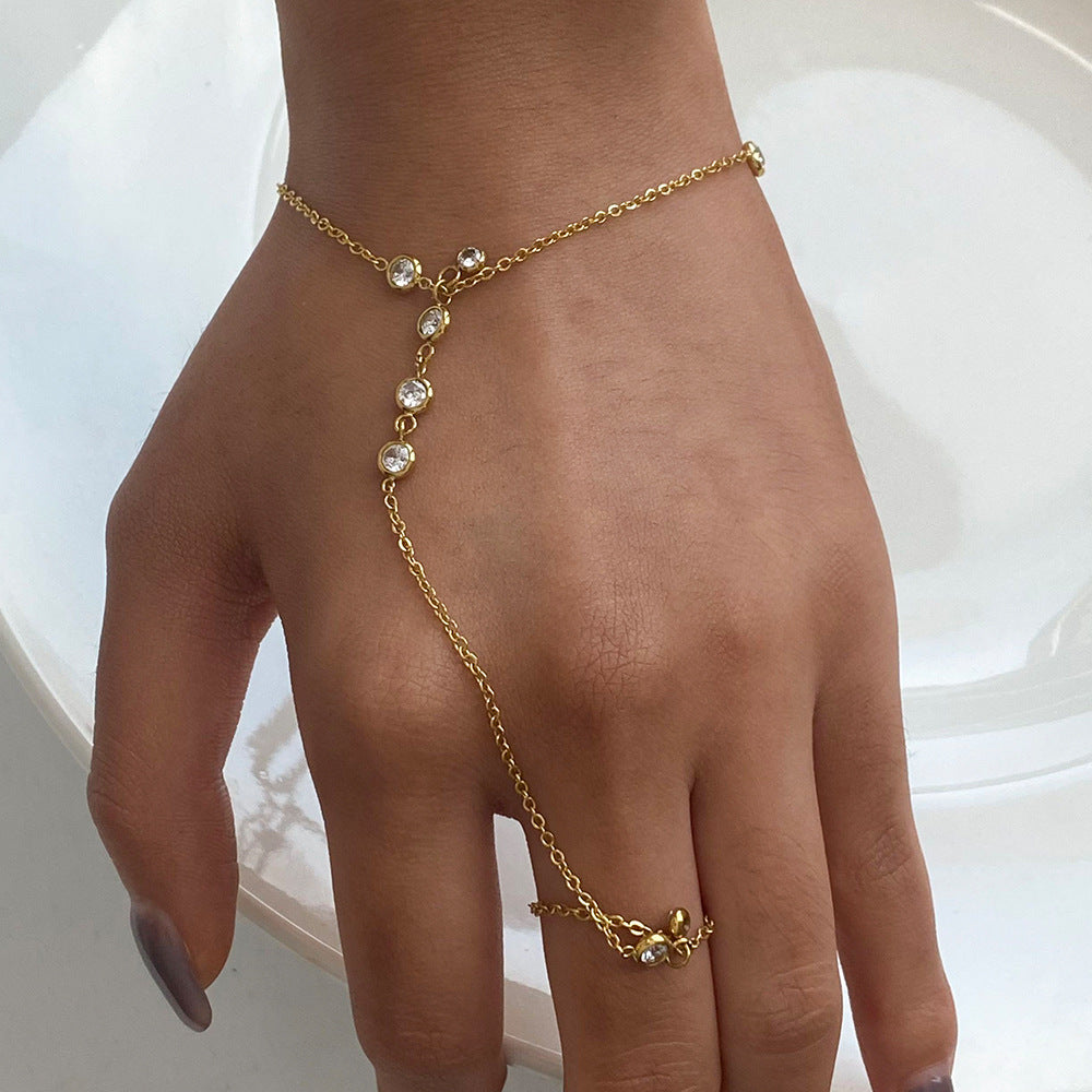 Women's Hand Chain Gold Stainless Steel with Diamond Accents 2