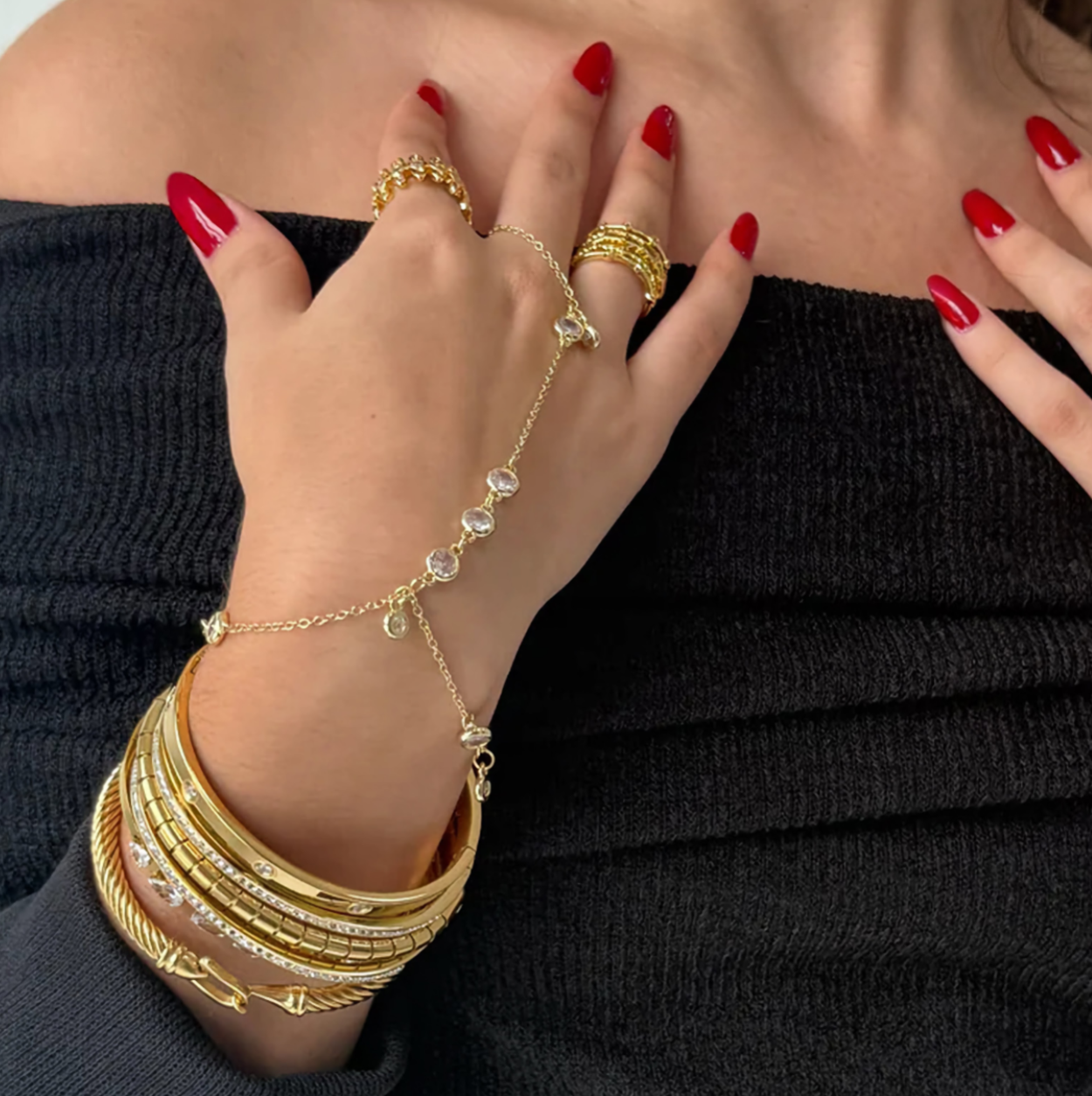 Women's Hand Chain Gold Stainless Steel with Diamond Accents 3