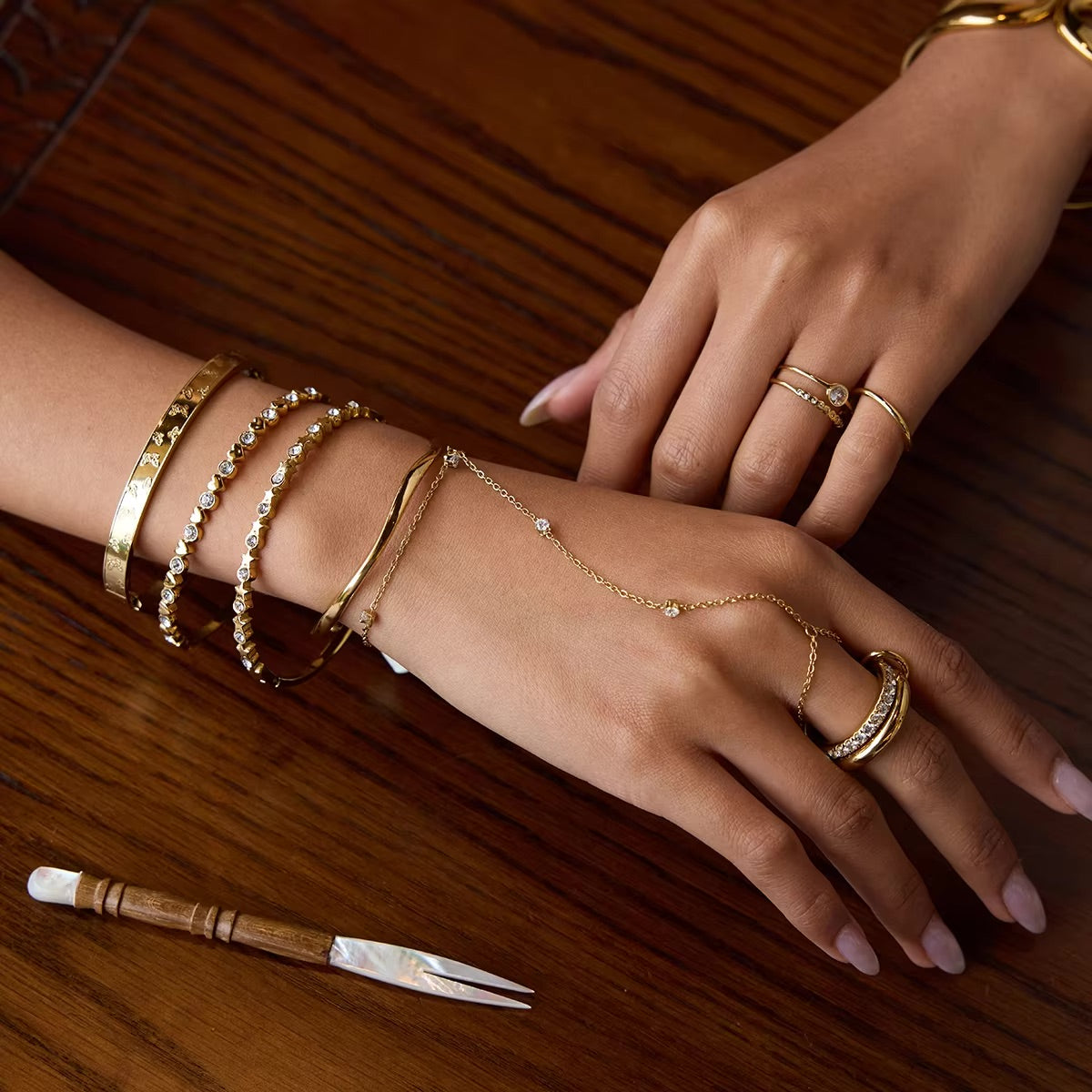 Women's Hand Chain Gold Stainless Steel with Diamond Simulants 2