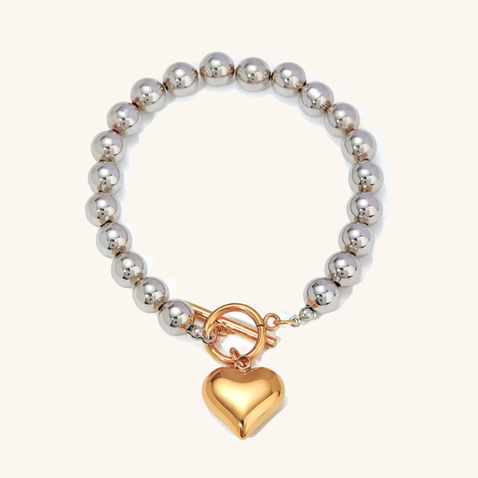 Women's Heart Bracelet Gold Stainless Steel Silver Chunky Bead 0