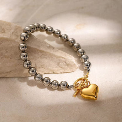 Women's Heart Bracelet Gold Stainless Steel Silver Chunky Bead 3