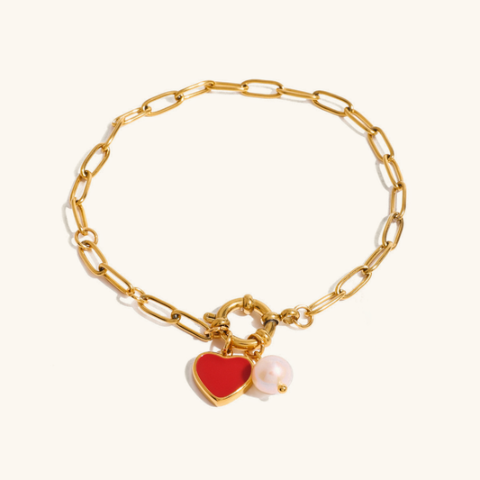 Women's Heart Charm Bracelet Gold Stainless Steel with Freshwater Pearls 0