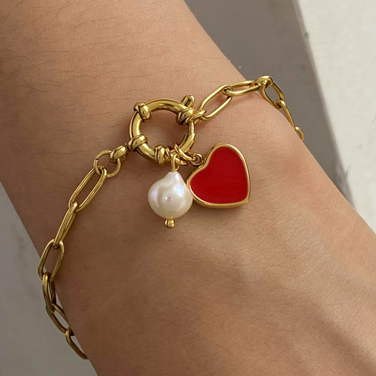 Women's Heart Charm Bracelet Gold Stainless Steel with Freshwater Pearls 1