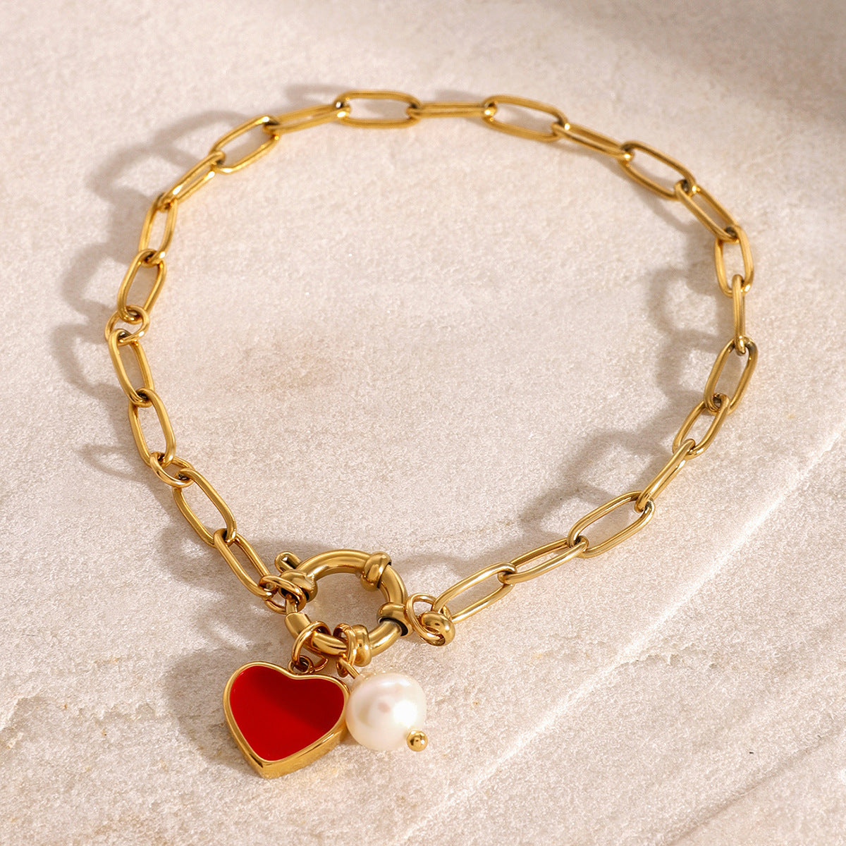 Women's Heart Charm Bracelet Gold Stainless Steel with Freshwater Pearls 2