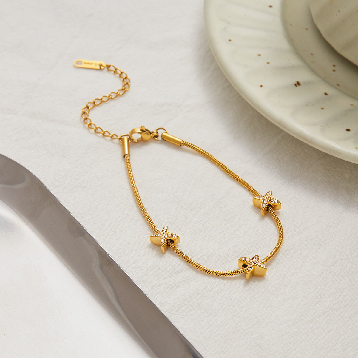 Women's Herringbone Bracelet Gold Stainless Steel with Diamond Simulants 3