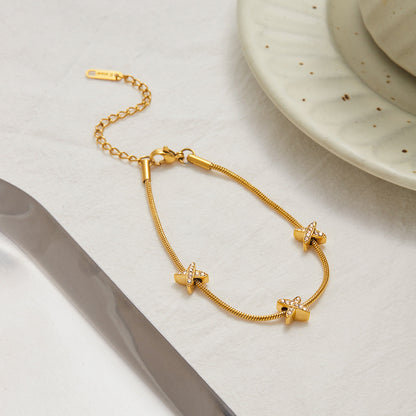 Women's Herringbone Bracelet Gold Stainless Steel with Diamond Simulants 3
