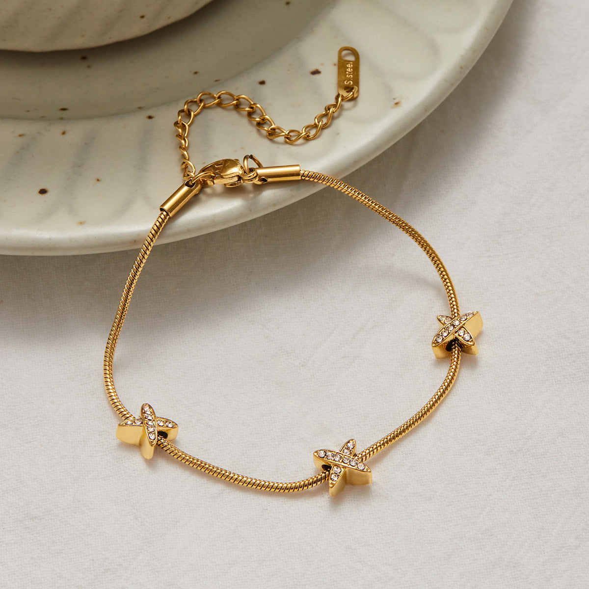 Women's Herringbone Bracelet Gold Stainless Steel with Diamond Simulants 4
