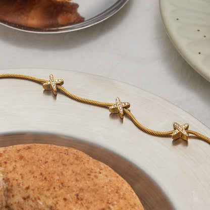 Women's Herringbone Bracelet Gold Stainless Steel with Diamond Simulants 5