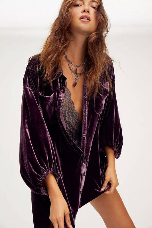 Women's High Low Dress Purple Velvet Bishop Sleeve 0