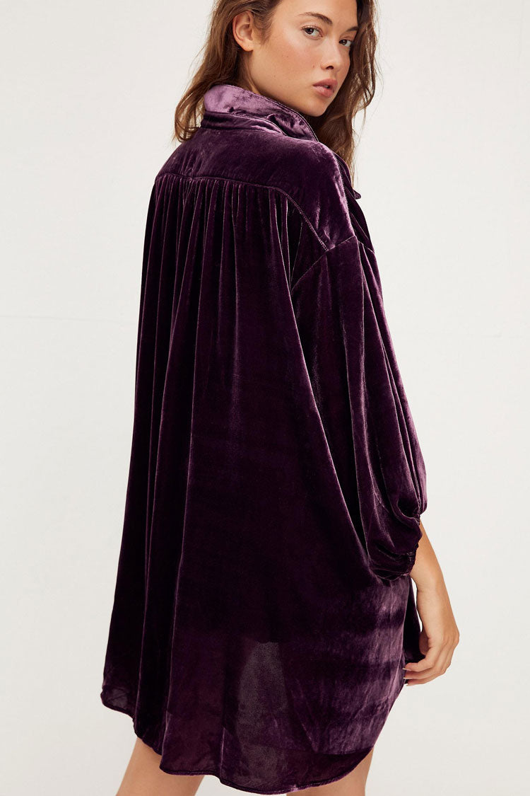 Women's High Low Dress Purple Velvet Bishop Sleeve 1