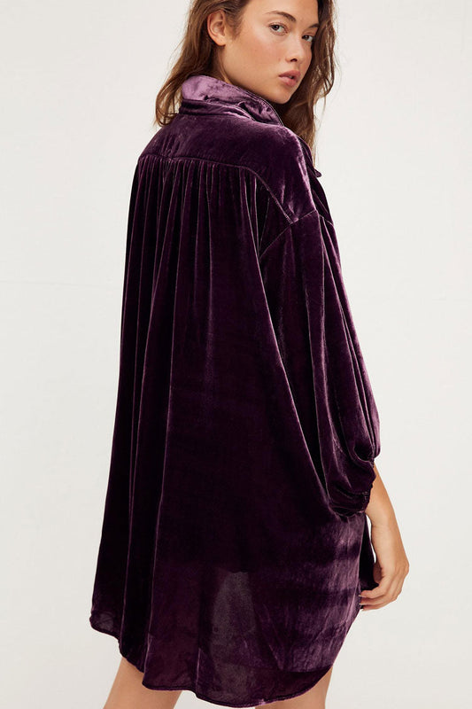 Women's High Low Dress Purple Velvet Bishop Sleeve 1