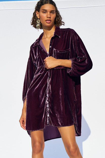 Women's High Low Dress Purple Velvet Bishop Sleeve 3