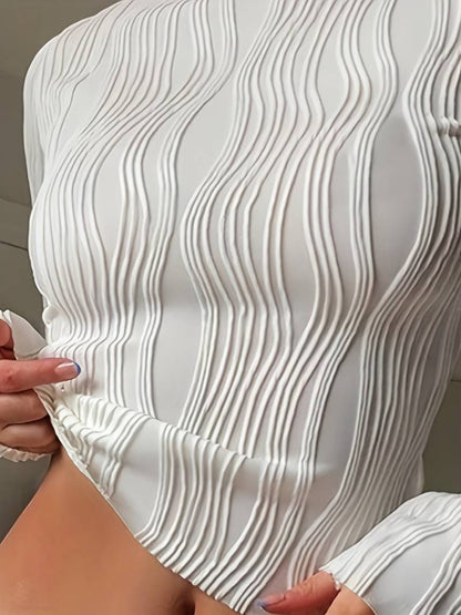 Women's High Neck Fitted Top with 3D Textured Pattern – Long Sleeve Stretch Fabric 0
