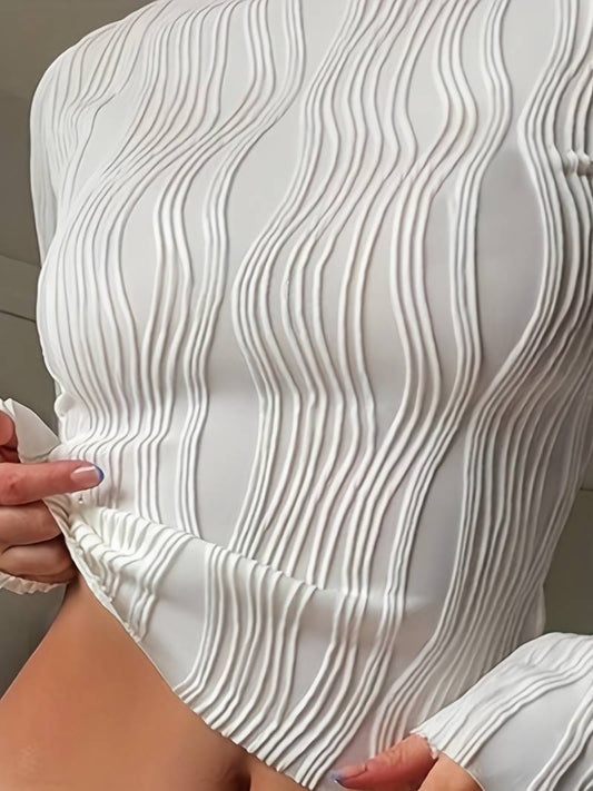 Women's High Neck Fitted Top with 3D Textured Pattern – Long Sleeve Stretch Fabric 0