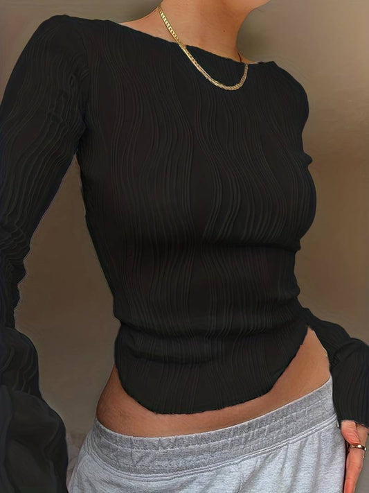Women's High Neck Fitted Top with 3D Textured Pattern – Long Sleeve Stretch Fabric 1