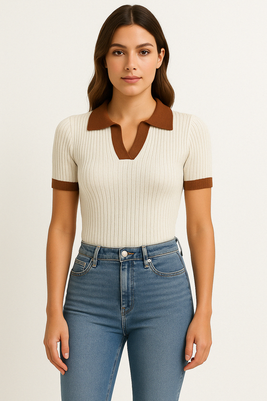 Womens Slim Fit Knit Polo Shirt with Cropped Waist and V-Neck 2