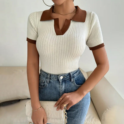 Womens Slim Fit Knit Polo Shirt with Cropped Waist and V-Neck 3