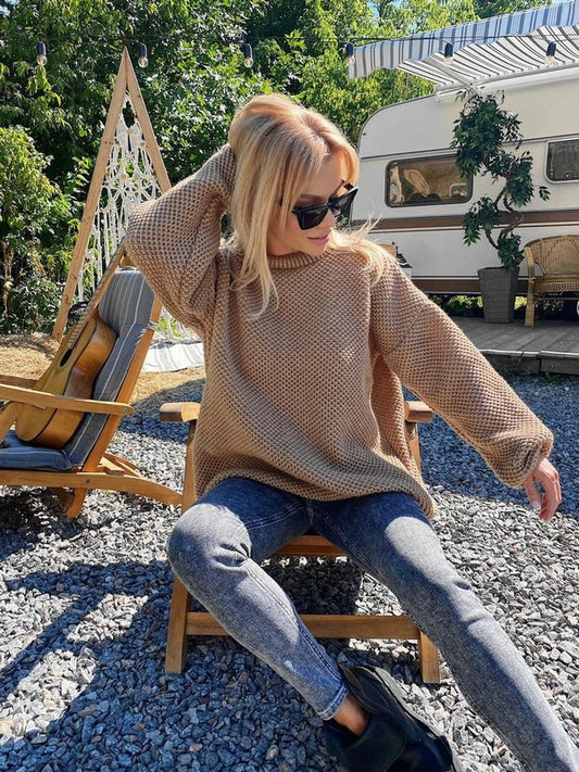 Womens Oversized Knit Pullover - Cozy Wool Sweater with Ribbed Trim 1
