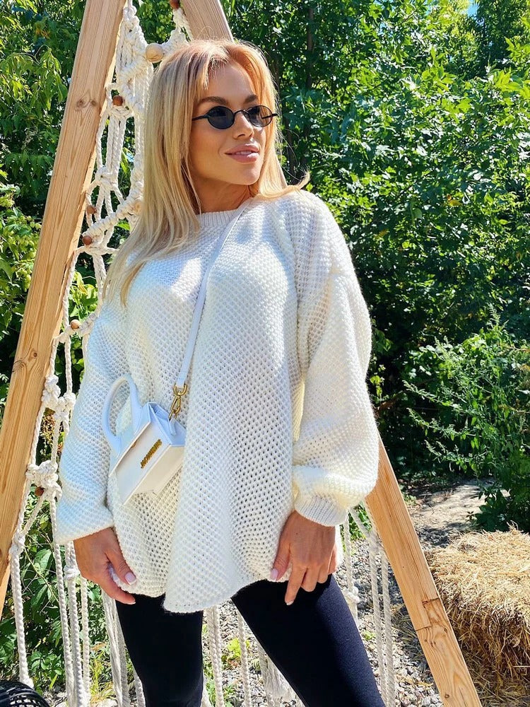 Womens Oversized Knit Pullover - Cozy Wool Sweater with Ribbed Trim 5