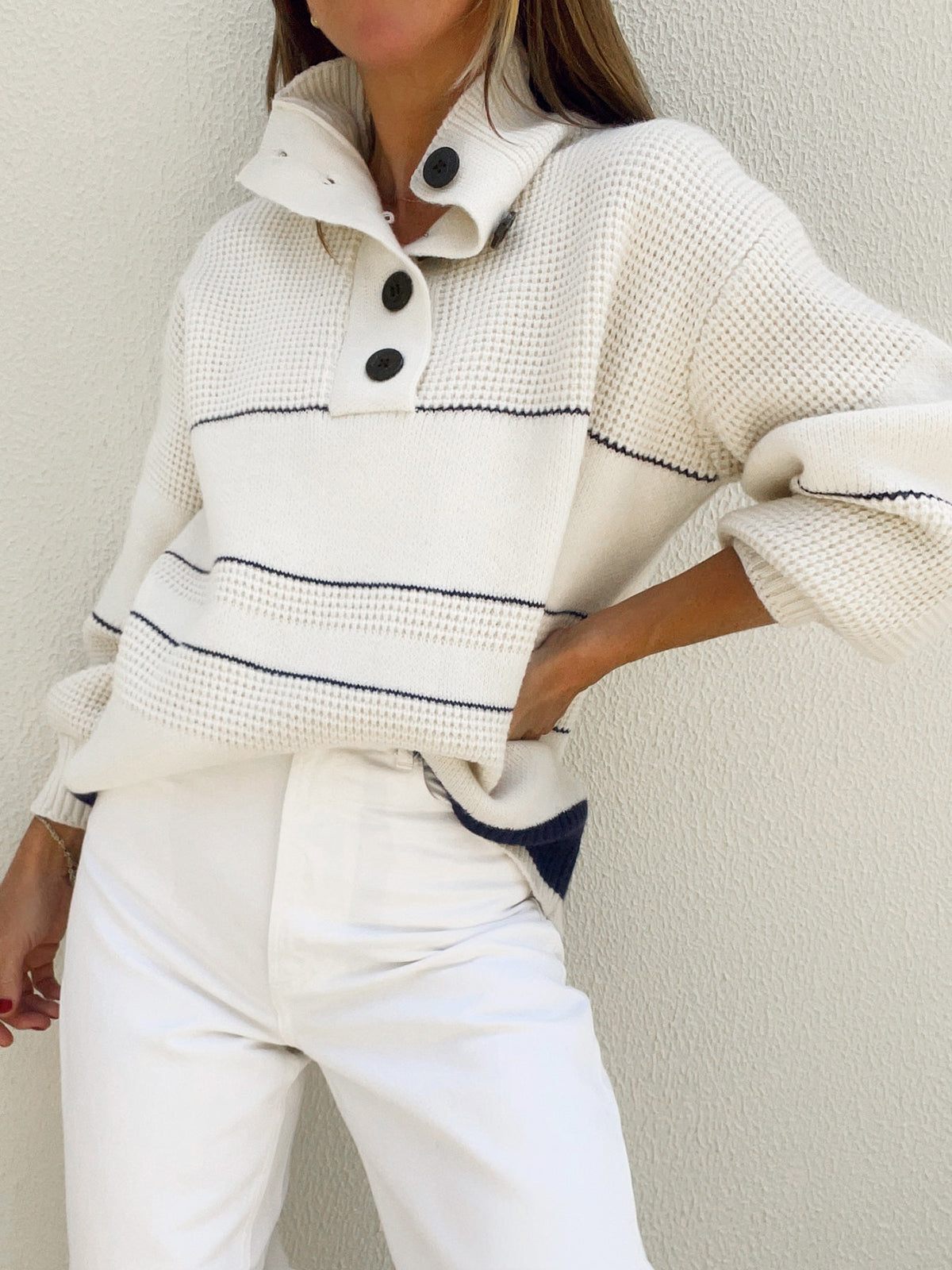 Women's Pullover Sweater - Relaxed Fit with Button Collar and Ribbed Trim 1