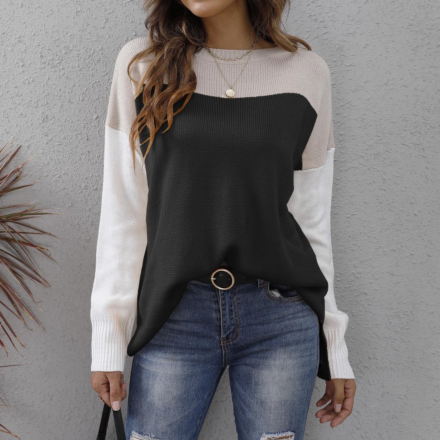 Women's Colour Block Sweater, Relaxed Fit Acrylic Knit Long Sleeve Top 1