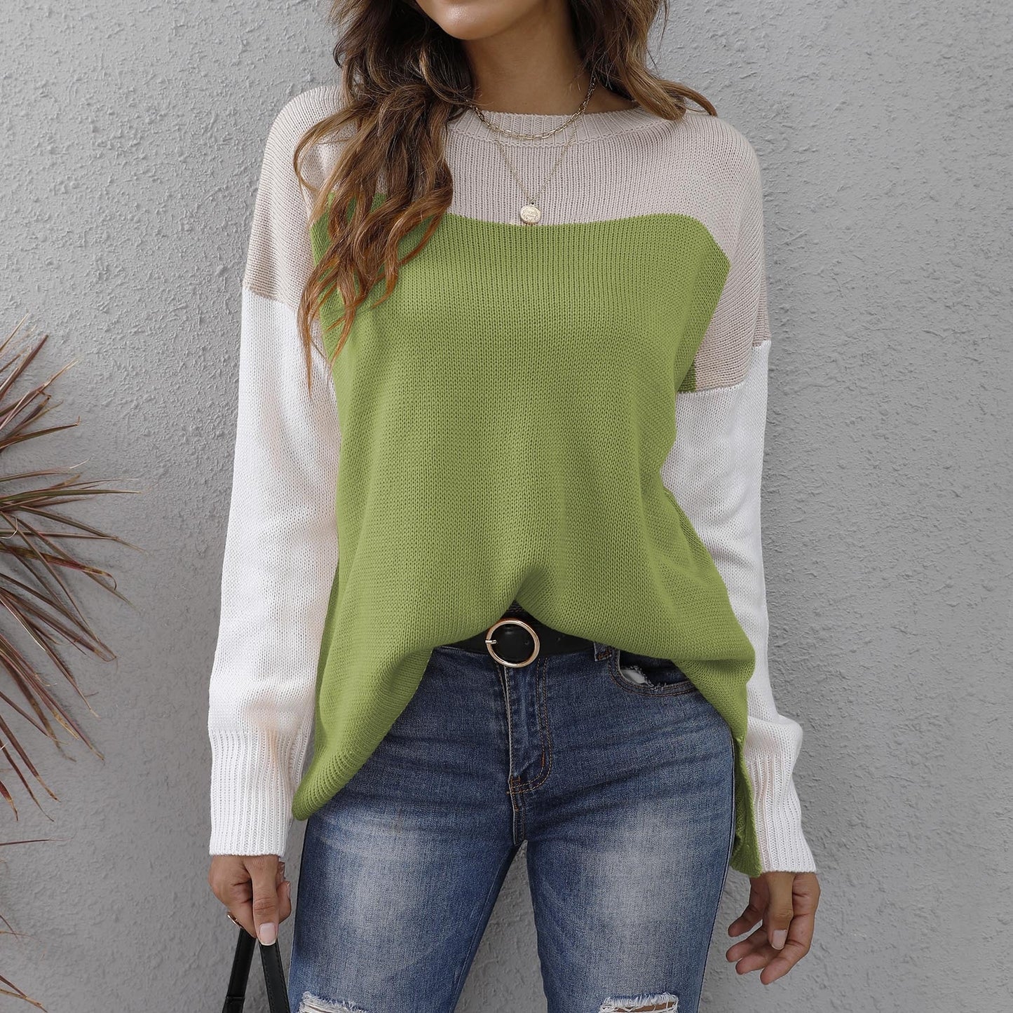 Women's Colour Block Sweater, Relaxed Fit Acrylic Knit Long Sleeve Top 3