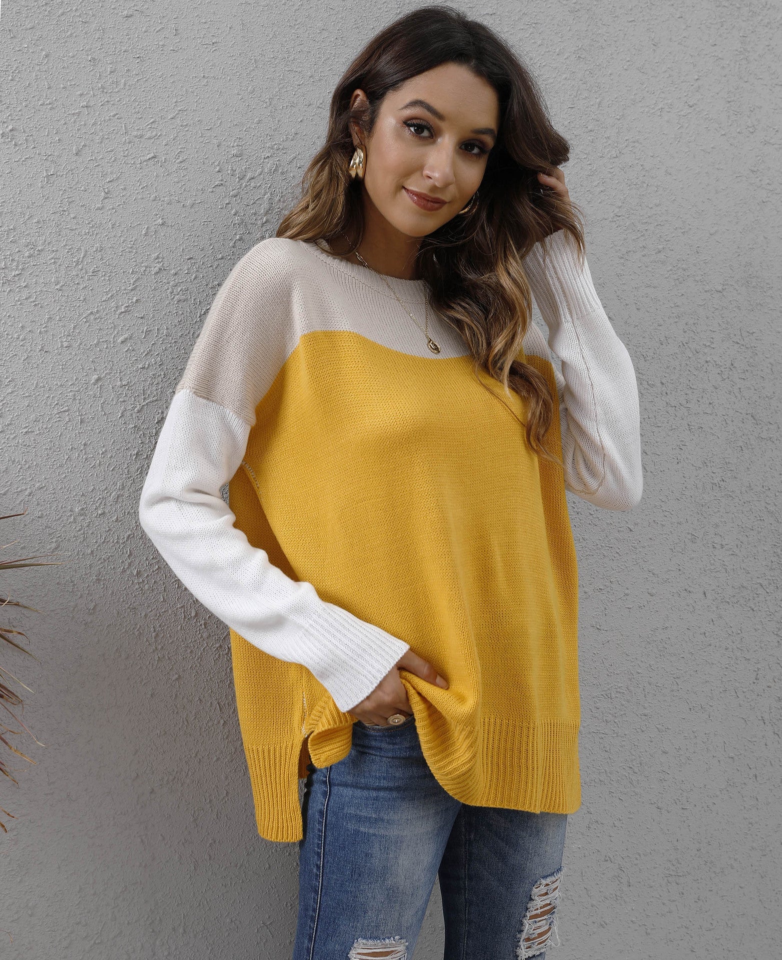 Women's Colour Block Sweater, Relaxed Fit Acrylic Knit Long Sleeve Top 8