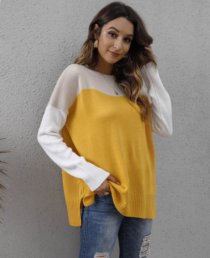 Women's Colour Block Sweater, Relaxed Fit Acrylic Knit Long Sleeve Top 8