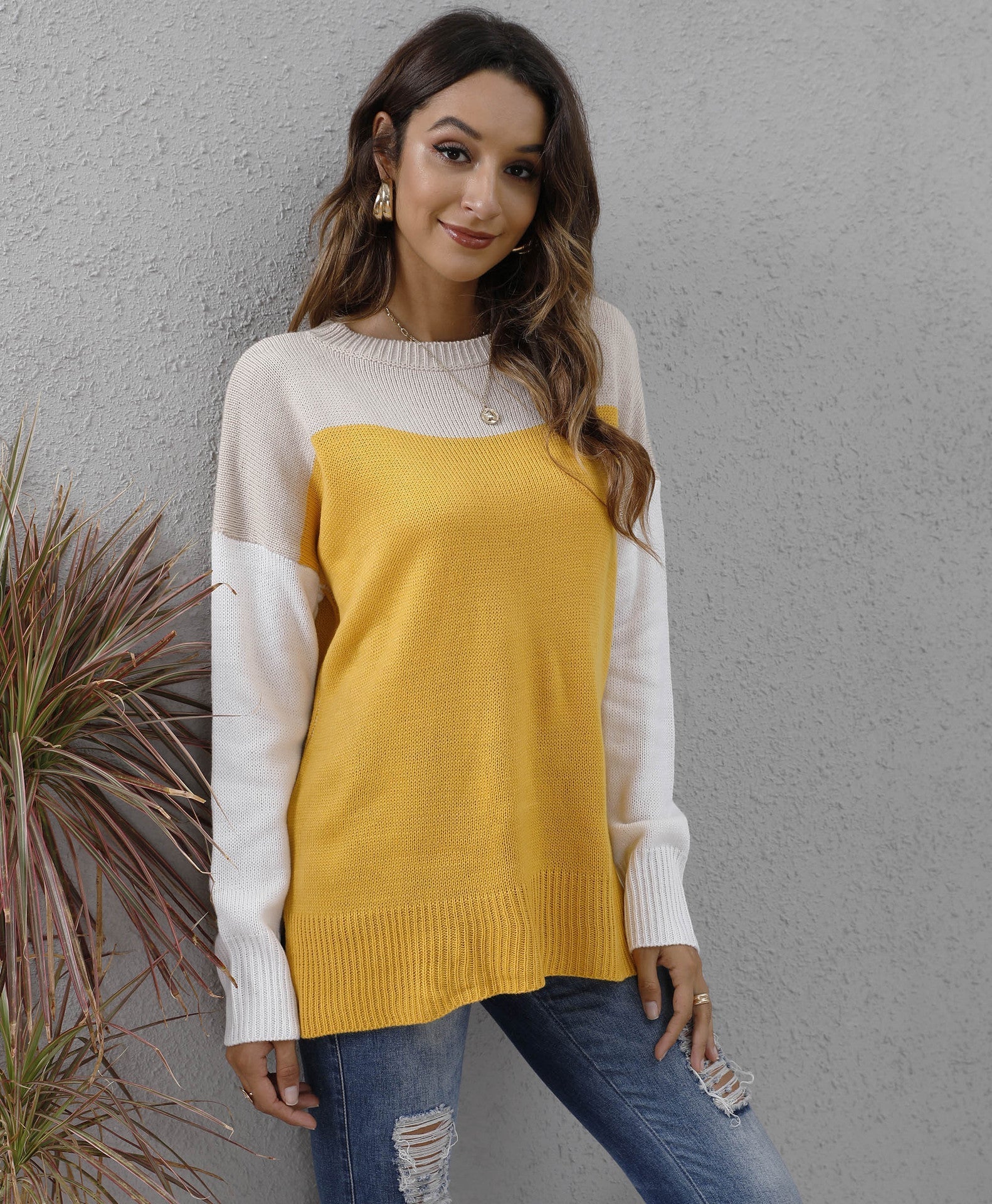 Women's Colour Block Sweater, Relaxed Fit Acrylic Knit Long Sleeve Top 9