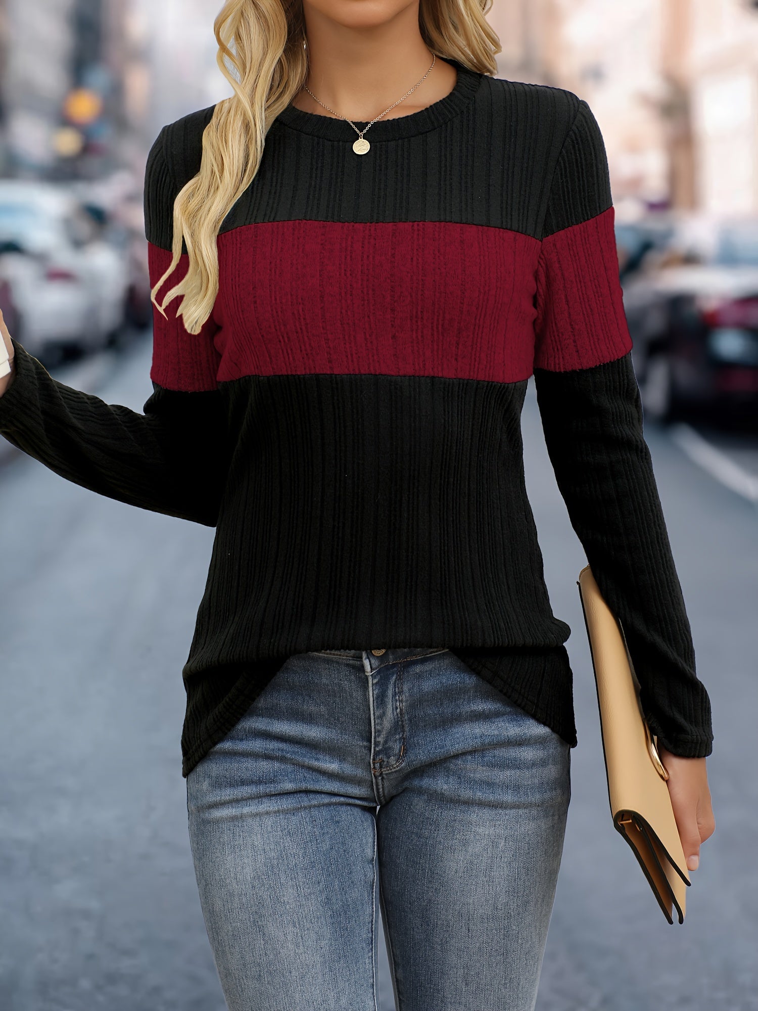 Womens Ribbed Knit Sweater - Long Sleeve Crew Neck for Casual Style 5