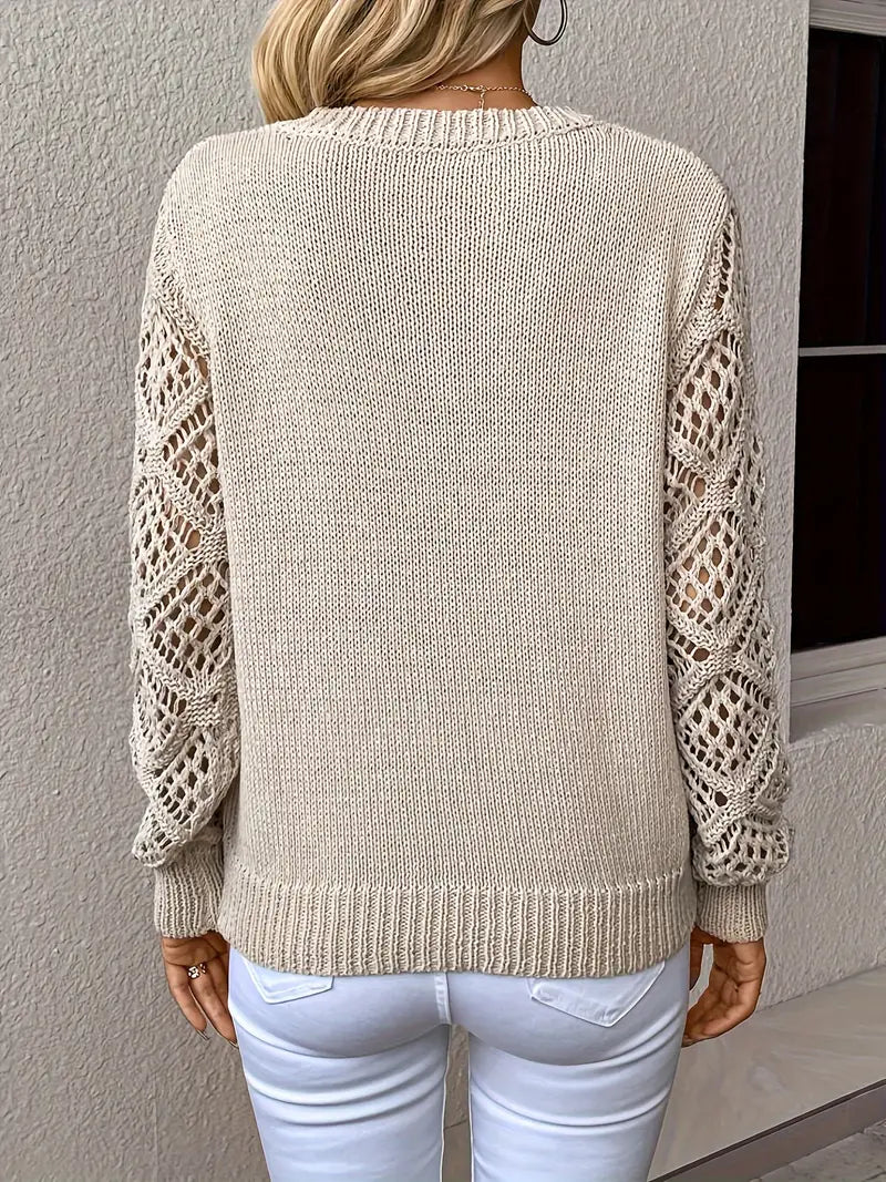 Women's V-Neck Knit Sweater with Open-Knit Detailing - Relaxed Fit, Long Sleeve 3