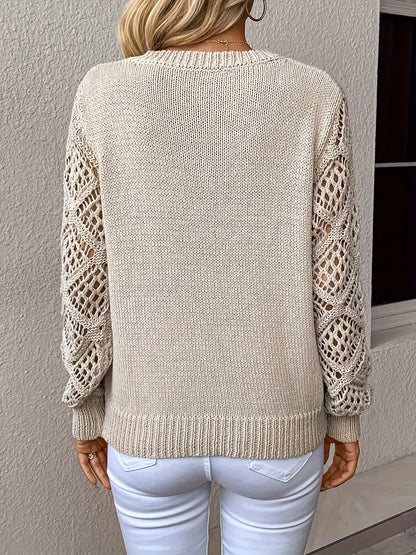 Women's V-Neck Knit Sweater with Open-Knit Detailing - Relaxed Fit, Long Sleeve 3