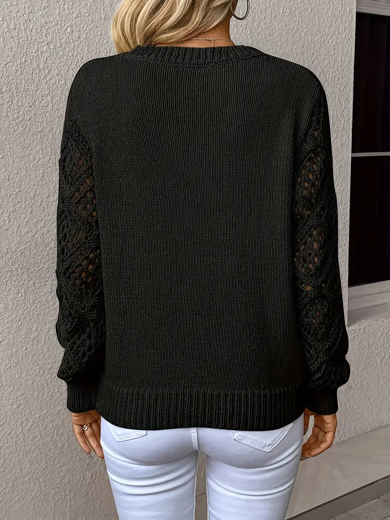 Women's V-Neck Knit Sweater with Open-Knit Detailing - Relaxed Fit, Long Sleeve 6