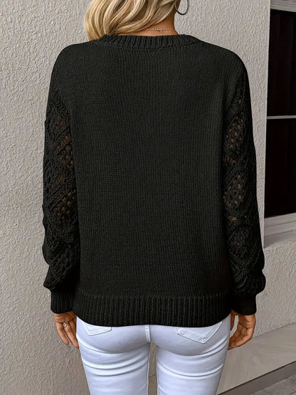 Women's V-Neck Knit Sweater with Open-Knit Detailing - Relaxed Fit, Long Sleeve 6
