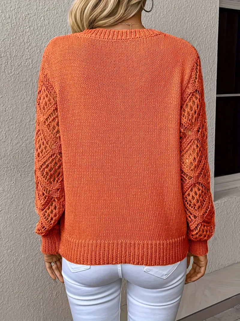 Women's V-Neck Knit Sweater with Open-Knit Detailing - Relaxed Fit, Long Sleeve 9