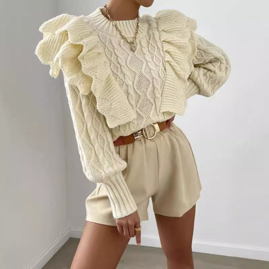 Womens Cropped Sweater with Ruffle Shoulders - Black Cable Knit Long Sleeve 1